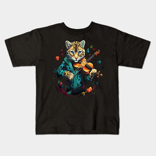 Ocelot Playing Violin Kids T-Shirt by JH Mart